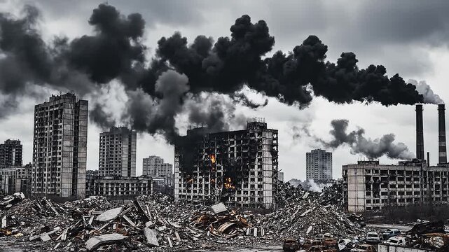 A cityscape in ruins with smoke billowing from burning buildings in an urban disaster zone