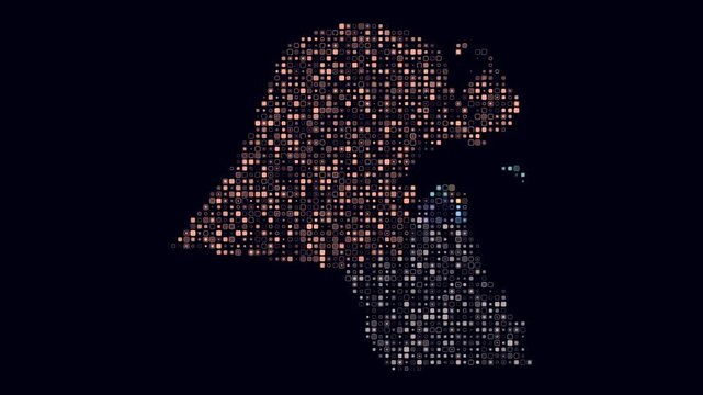 Kuwait animated country shape. Pulsating colored dots on the map of the country. Small size rounded square blocks. Digital style Kuwait map on dark background. Plain animation video.