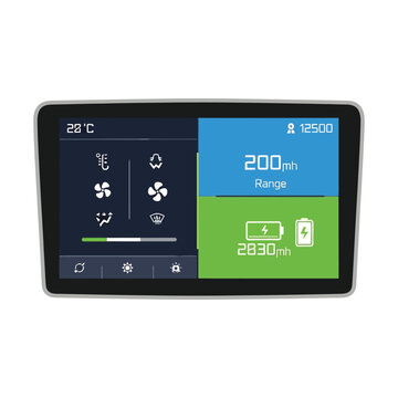 Modern car dashboard display showing climate control settings, battery charge level, and driving range information with a sleek digital interface