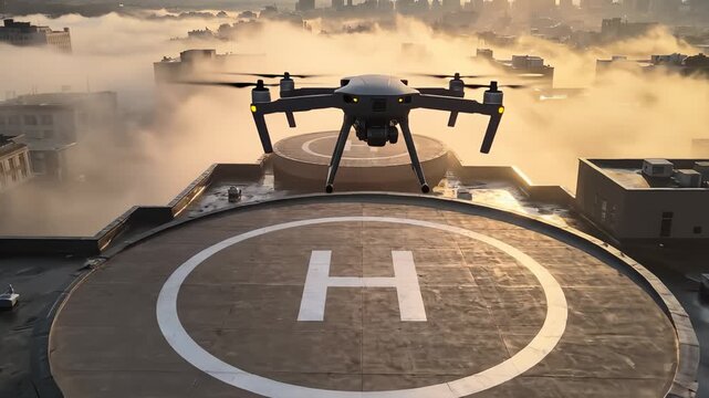 Drone Ascends Above Foggy Rooftop Helipad At Sunrise Light