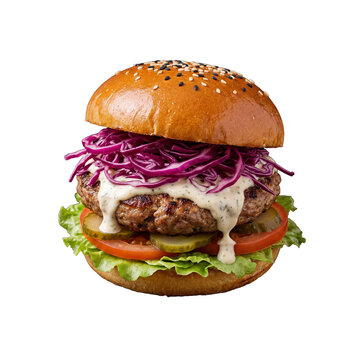Gourmet beef burger with a brioche bun, fresh red cabbage slaw, creamy sauce, crisp lettuce, tomato, and pickles.