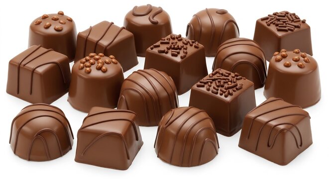 明るくクリアな光に照らされた様々な形のチョコレートが艶やかに輝き純白の背景に並ぶとろける甘さの贅沢な瞬間. AI Generated