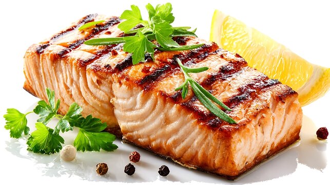 A succulent and perfectly grilled salmon fillet, boasting beautiful sear marks and a rich golden-brown hue, is exquisitely garnished with fresh, vibrant green parsley and delicate rosemary sprigs, ele
