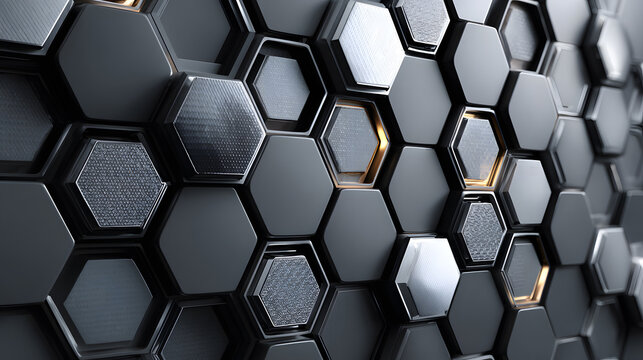 Futuristic honeycomb pattern hexagon metallic wall 3d render background modern abstract design luxury texture depth light reflection
