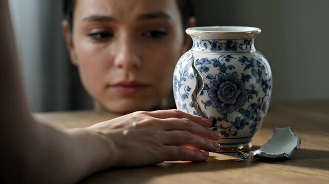 Woman Reaches For Blue Vase.