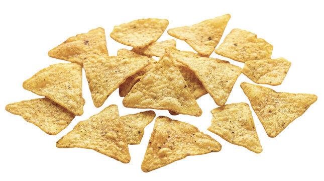 Close up of crispy triangular corn chips arranged on white background suitable for snack food marketing and packaging design