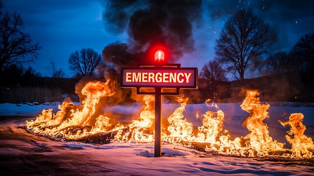 Emergency warning sign with fire flames burning in snowy landscape at night