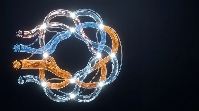 Circular economy material flow Sankey diagram metal plastic organic water loop dark background