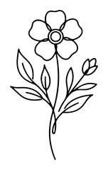 Fototapeta premium Elegant black and white minimalist line art of a single flower with leaves and a bud on a white background. Perfect for coloring pages, tattoos, or decorative graphics.