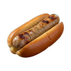Naklejka premium A perfectly grilled, juicy bratwurst sausage, seasoned with herbs and spices, served in a lightly toasted.