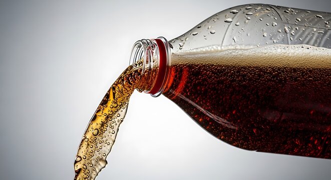 A plastic bottle of refreshing dark carbonated soda pouring liquid with bubbles on a gray background. 2 liter soda