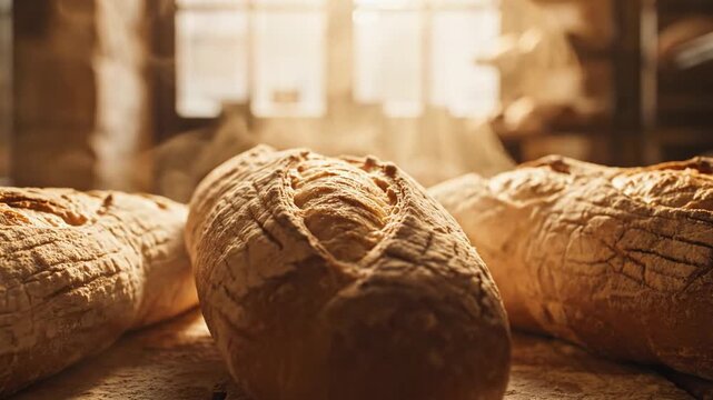 Close-up of perfectly baked crusty baguettes with a rustic appearance, ready to be enjoyed