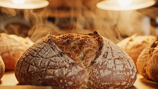Golden crusty artisan bread loaves resting invitingly on a rustic baking tray, with wisps of steam rising