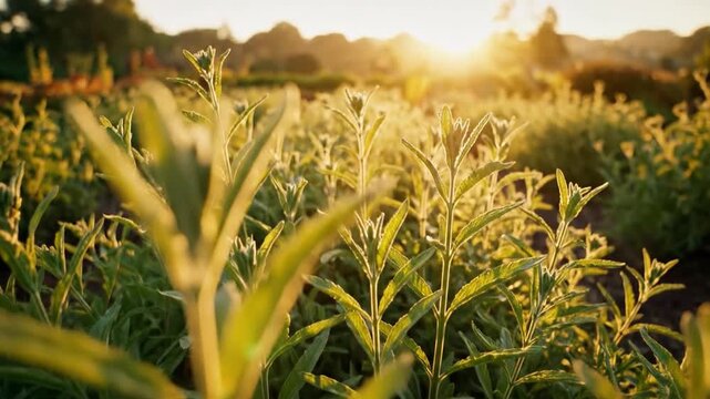 Sun-Kissed Lemon Verbena Leaves Growing in a Fragrant Garden at Sunrise
