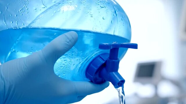 Hand in glove holding water jug.