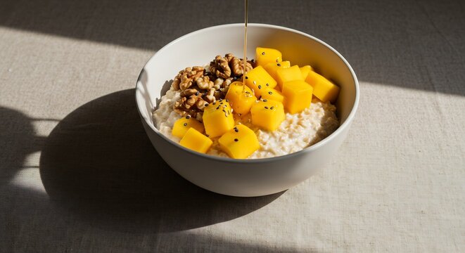 朝のドラマチックな光が差し込むテーブルで 温かいオートミールに甘いシロップがとろーりかかる瞬間 鮮やかなマンゴーと香ばしいくるみを添えた健康的な朝食の風景. AI Generated