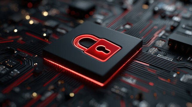 Locked padlock icon on circuit board glowing red symbol of cybersecurity and data protection with illuminated traces conveying secure network hardware