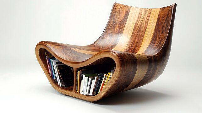A chair with a built-in bookshelf and smooth wooden finish 