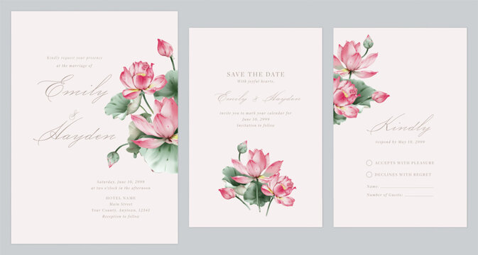 Wedding invitation suite featuring watercolor-style pink lotus flowers and green lily pads on a soft pink background