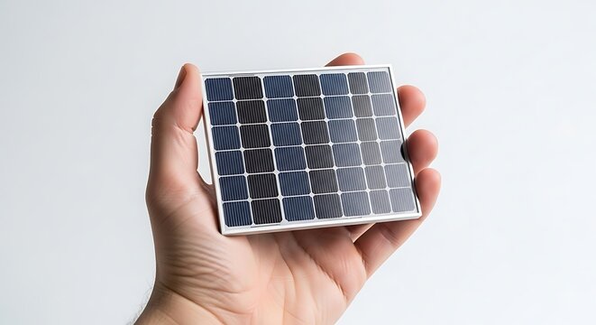 Close-up of a hand holding a small, portable solar panel with multiple cells.