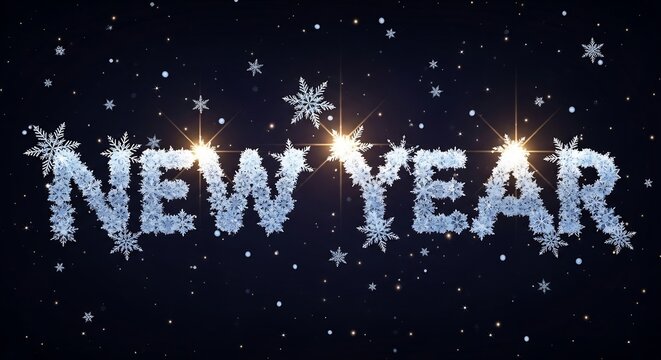 煌めく無数の雪の結晶と氷で飾られた「NEW YEAR」の文字が暖かな光を放ちながら深く澄んだ冬の夜空に美しく浮かび上がる新しい年の到来を幻想的に告げ希望と幸福に満ちた祝祭の幕開けを象徴する. AI Generated