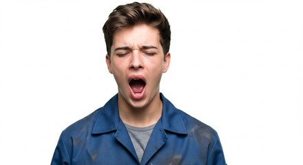 Fototapeta premium 作業服を着た若い男性が極度の疲労で大きくあくびをする 眠気を隠せない瞬間のポートレート. AI Generated