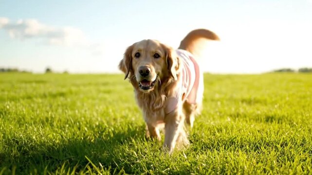 Happy Golden Retriever dog in pink shirt walking through sunny green field