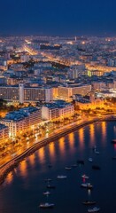 Naklejka premium Illuminated Coastal Cityscape At Dusk With Harbor Activity
