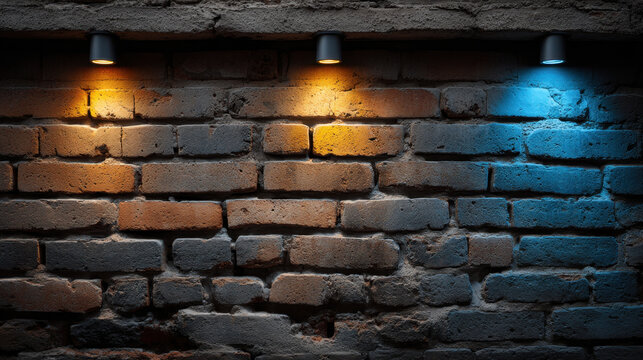 Warm yellow and cool blue downlights illuminate textured brick wall, creating moody contrast and architectural detail in urban interior lighting scene