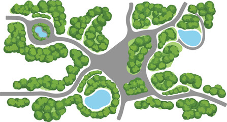 Top-down aerial view vector illustration of a green park landscape design featuring winding roads, lush trees, and three serene blue ponds, ideal for urban planning and map graphics.