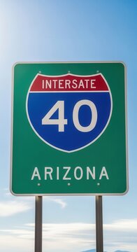 Iconic Interstate 40 Arizona Road Sign Under Vast Blue Sky