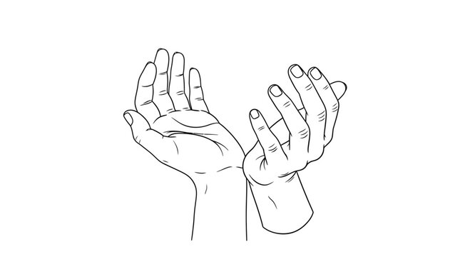 Outlined hands reaching upward on white background conceptual composition