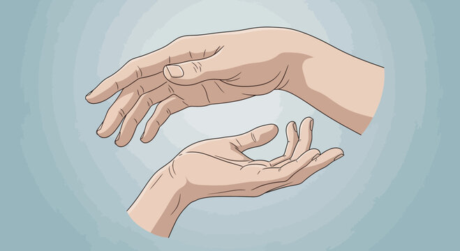 Two hands reaching towards each other on a simple blue background