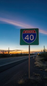 Iconic Interstate 40 Highway Sign Bathed In Sunset Glow Arizona Desert