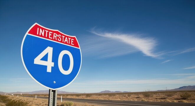 Iconic Interstate 40 Highway Sign Under Vast Blue Sky
