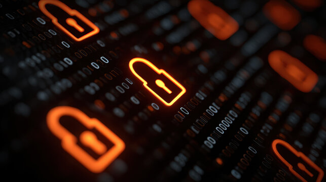 Orange glowing padlock icon cyber security digital lock encryption data protection network privacy concept with binary code background