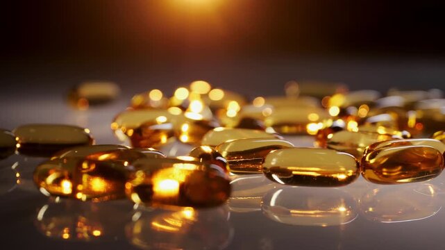 Close up of golden vitamin capsules on reflective surface in warm light creating healthcare and nutrition supplement background.