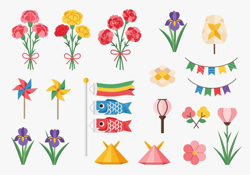 Japanese Spring Holiday Vector Set: Koinobori Carp Streamers, Carnations, Iris, and Children's Day Icons