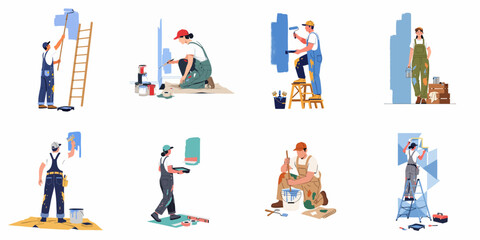 Set of professional house painters and decorators in overalls painting walls with rollers and brushes, home renovation and interior design concept illustrations. © Arto
