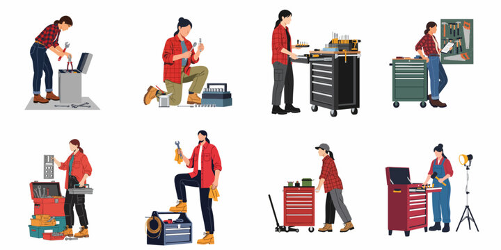 Set of female mechanics and handypersons working with various toolboxes, tool carts, and hand tools in a workshop or garage setting.