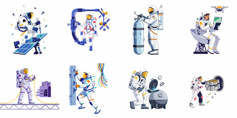 Vector set of astronauts performing various maintenance and technical tasks on a space station, including repairs, engineering, and equipment management. © Arto