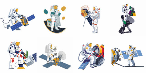 Fototapeta premium Collection of vector illustrations featuring astronauts in space suits performing maintenance and repair tasks on satellites and space equipment in outer space.