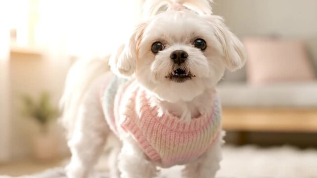 Adorable white Maltese dog wearing a cute pastel sweater indoors