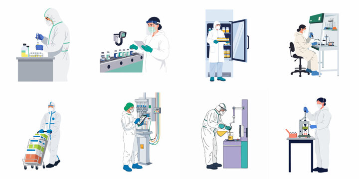 Set of vector illustrations featuring laboratory scientists in hazmat suits working on various stages of pharmaceutical vaccine production and medical research.