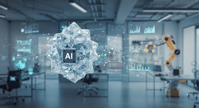 明るい未来的な光が輝く高機能AIチップが氷結晶の中で浮かぶスマート工場 データとロボットアームが結合し最先端技術が広がる. AI Generated