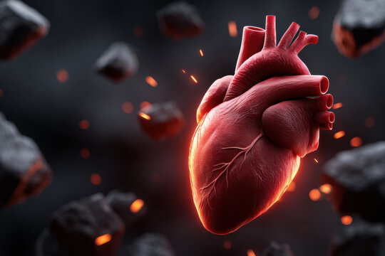 Glowing human heart surrounded by exploding stones and sparks, dramatic red illumination and volcanic fragments conveying intensity and emotion