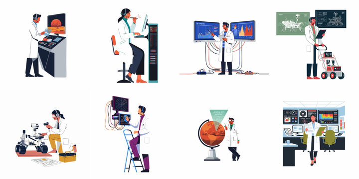 Flat vector illustrations of scientists and engineers managing a Mars space mission, featuring rover operations, telemetry analysis, and mission control center activities.