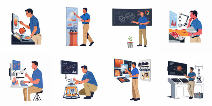 Collection of flat vector illustrations depicting a male scientist performing various tasks related to space exploration, research, and Mars mission engineering.