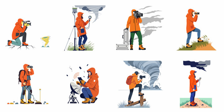 Collection of flat vector illustrations depicting storm chasers and meteorologists monitoring tornadoes and extreme weather events with specialized professional equipment in the field.