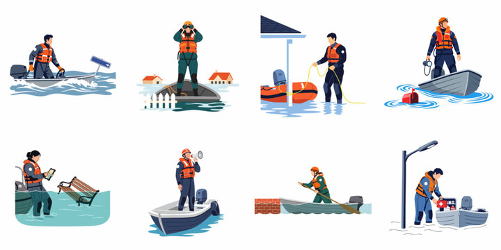 Illustrations of emergency first responders and rescue teams performing search and rescue operations during a major flood natural disaster.